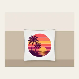 Palm Trees Against a Striped Sunset Pillow in white: Palm trees stand against a striped sunset in coral, plum and gold.