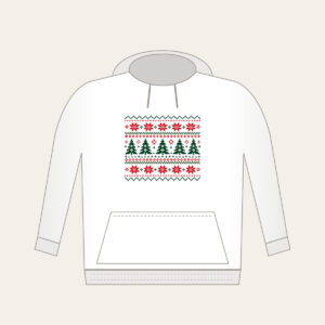 Fair Isle Pines and Stars in Red Hoodie in white: Knit-inspired rows of pines and stars in red, cream and green repeat in tidy bands.