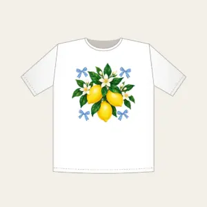 Lemons with Gingham Corners T-Shirt in white: Bright yellow lemons and deep green leaves on a clean white ground, tucked with small blue gingham accents.