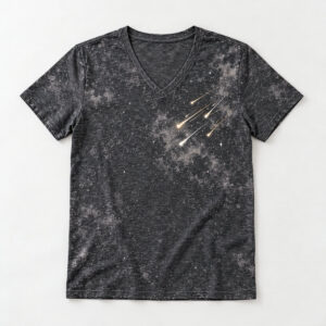 Bleached Meteor Shower V-Neck Tee with compact chest print of five meteors with thin tails in cream and gold crossing a faint bleached-look night sky