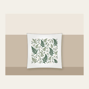 Fern and Berry Repeat Pillow in white: A repeat of ferns and tiny berries in sage, deep green and cream.