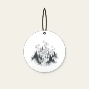 Campfire Smoke Curls Through Pines Ceramic Ornament in white: Wisps of smoke curl upward between dark pine silhouettes in muted greys.