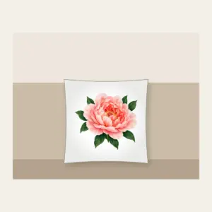 Full-Blown Peony with Green Leaves Pillow in white: A full-blown peony in blush and coral with deep green leaves.