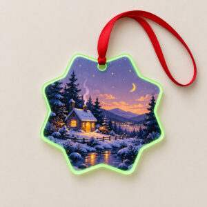 Glow Window Cottage Ornament with a small cottage with a glowing yellow window on a lilac dusk background in navy and amber