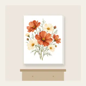 Terracotta Cosmos and Buttery Daisies Canvas Print in white: Loose watercolor cosmos in terracotta beside buttery daisies on fine sage stems.