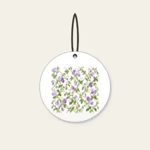 Sweet Peas Climbing a Lattice Ceramic Ornament in white: Sweet peas climb an all-over lattice in lilac and green on cream.