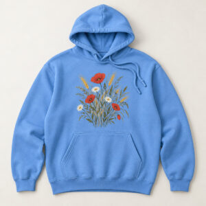 Carolina Blue Wildflower Meadow Hoodie with compact front chest botanical bouquet of poppies, daisies and a wheat stem tied with a thin ribbon in red, white, gold and green, about palm-sized and placed above the kangaroo pocket, simple hand-drawn