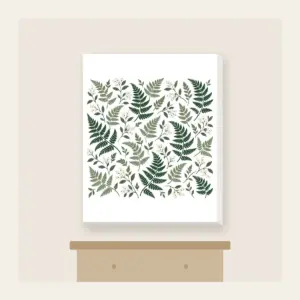 Fern and Berry Repeat Canvas Print in white: A repeat of ferns and tiny berries in sage, deep green and cream.