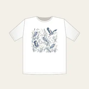 Herons and Reeds in Grey-Blue T-Shirt in white: Herons stand among reeds in grey-blue and cream in an all-over pattern.