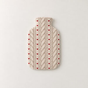 Knit-Look Hearth Bottle Cover with a cable-knit look pattern in oatmeal with tiny red hearts woven between the cables