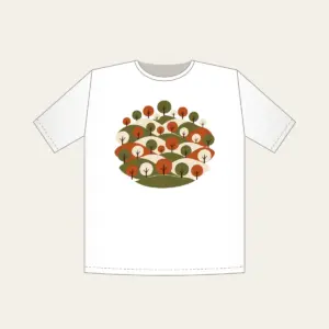 Rolling Orchard Hills T-Shirt in white: Rows of round trees on hills in olive, rust and cream.