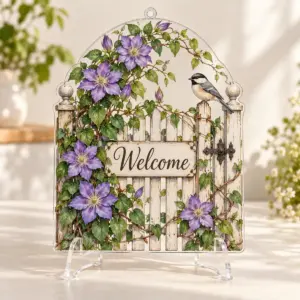 Garden Gate Acrylic Sign with 2-side printed sign with a garden gate arch, climbing clematis in violet and green and a small bird on the top rail, short word "Welcome", no other text