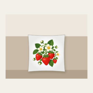 Strawberry Cluster with Blossoms Pillow in white: A cluster of ripe strawberries with white blossoms and tiny leaves in red, green and cream.