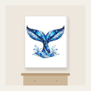 Whale Tail with Prismatic Shimmer Canvas Print in white: A whale tail in blue and silver with tiny stars and a prismatic broken-glass shimmer.