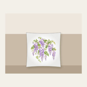Cascading Wisteria Blossoms Pillow in white: Lilac wisteria blossoms cascade across a pale ground, threaded with fresh green leaves.