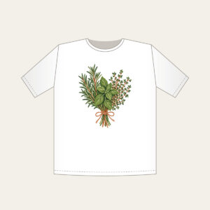 Herb Bundle with String T-Shirt in white: A bundle of rosemary, basil and thyme tied with string in green, cream and terracotta.
