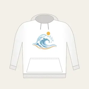 Curling Wave and Little Sun Hoodie in white: A curling wave in white, pale blue and sand with a small sun disc above.