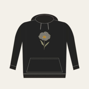 Single Line-Art Poppy Hoodie in black: A cream line-art poppy with two thin leaves and a small ochre center.