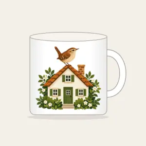 Wren on the Rooftop Mug in white: A small house with a wren on its roof in warm brown, cream and green.
