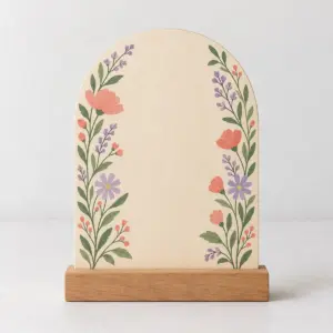 Wildflower Arch Wood Standee with arch-shaped standee face with wildflowers climbing both sides in coral, lilac and green and a clear central space