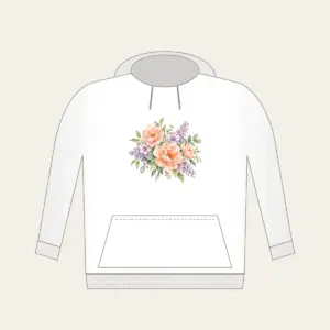 Watercolor Blooms in Peach and Lilac Hoodie in white: Gentle watercolor blooms in peach, lilac and sage bleed softly across white space.