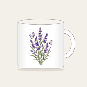 Lavender Stems and Two Butterflies Mug in white: Tall lavender stems rise beside two small butterflies in violet, cream and sage.