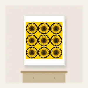 Nine Sunflowers in a Yellow Grid Canvas Print in white: A neat three-by-three grid of nine sunflower circles in black and golden lines on a yellow ground.