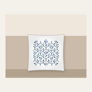 Navy Trellis and Leaf Pattern Pillow in white: A repeating trellis of fine lines and small leaves in navy, sky blue and cream.