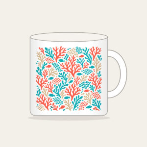 Coral Branch and Fish Scale Mosaic Mug in white: An all-over mosaic of coral branches and small fish scales in coral, turquoise and sand.