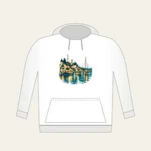 Harbour Lanterns and Masts Hoodie in white: Harbour lanterns, masts and ripples in teal, amber and cream.