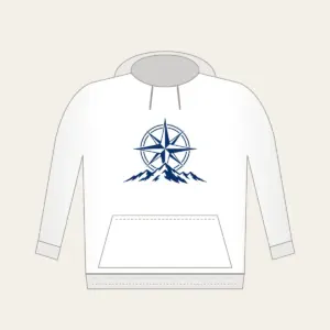 Compass Rose over a Ridge Line Hoodie in white: A compass rose rests over a simple ridge line in navy and white.