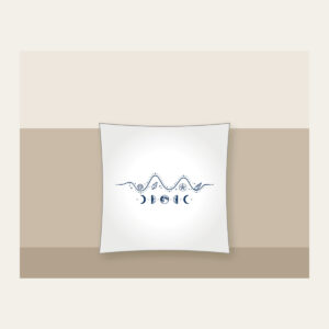 Tide Chart and Moon Phases Pillow in white: A navy line-art tide curve dotted with tiny shells, with five moon phases beneath.