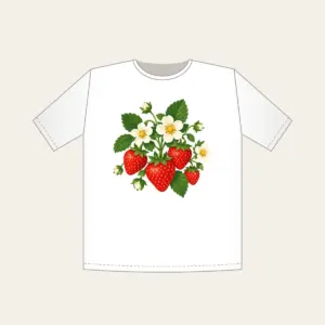 Strawberry Cluster with Blossoms T-Shirt in white: A cluster of ripe strawberries with white blossoms and tiny leaves in red, green and cream.