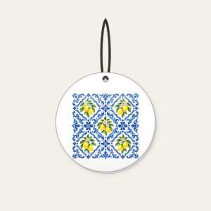 Cobalt Mediterranean Tiles with Lemons Ceramic Ornament in white: An all-over repeat of Mediterranean-style tiles in cobalt and white with small lemon accents.
