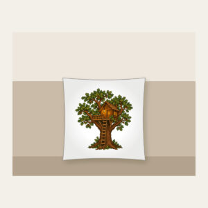 Oak Treehouse with Glowing Lantern Pillow in white: A treehouse in an oak tree with a glowing lantern in brown, green and amber.