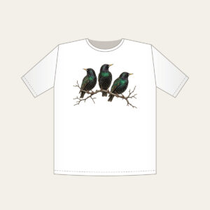 Three Starlings on a Bare Branch T-Shirt in white: Three starlings perch on a bare branch in charcoal and iridescent green on a pale ground.