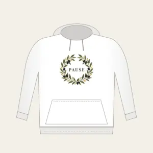 Olive Branch Wreath with PAUSE Hoodie in white: An olive branch wreath with dark fruits and ochre dots circles the word PAUSE in simple deep green serif letters.