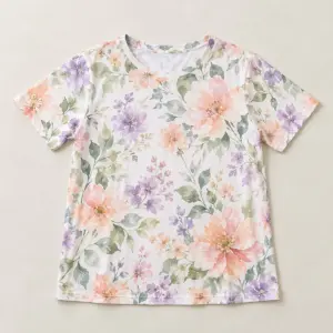 Daydream Watercolor Comfort Tee with soft watercolor blooms in peach, lilac and sage with white spaces