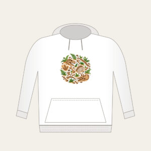 Dinosaur Bones and Fern Dig Scene Hoodie in white: Dinosaur bones and curling ferns lie scattered across warm sand in earthy brown and green.
