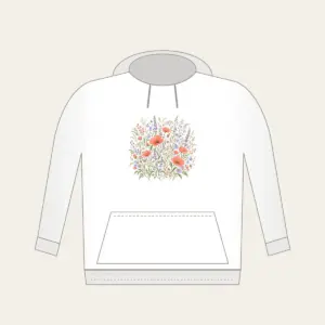 Coral and Lilac Wildflower Meadow Hoodie in white: Wildflowers and swaying grasses in coral, lilac and sage spread across a cream ground.