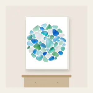 Sea-Glass Pebbles in Blues and Greens Canvas Print in white: Rounded sea-glass pebbles in pale blues, greens and frosted white.