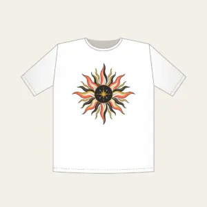 Sunburst Lines on Charcoal with a Small Star T-Shirt in white: Sun lines in coral, gold and white radiate across a charcoal ground, with one small star set off to one side.