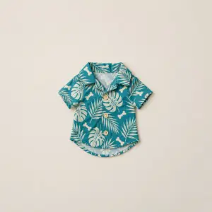 Pup Palm Camp Shirt with all-over palm leaves and small bones in teal and cream