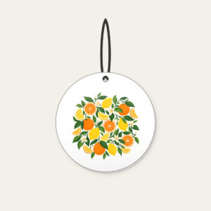 Citrus Slice Sorbet Pattern Ceramic Ornament in white: Citrus slices and leaves in orange, lemon and green spread across cream.