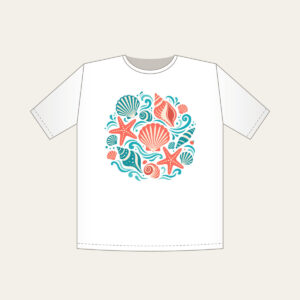 Shells, Starfish and Ripples T-Shirt in white: Seashells, starfish and gentle ripples drift across the pattern in coral, teal and cream.