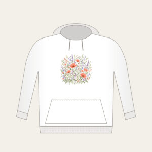 Coral and Lilac Wildflower Meadow Hoodie in white: Wildflowers and swaying grasses in coral, lilac and sage spread across a cream ground.