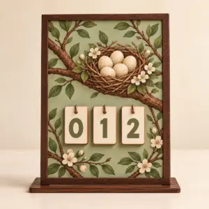 Sage wooden bookshelf tracker with a branch-and-nest illustration, three number cards displaying 012 and a slot-in stand.