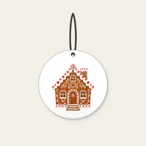 Gingerbread Cottage with Icing Swirls Ceramic Ornament in white: A gingerbread-style cottage with white icing swirls and candy dots in brown, white and red.