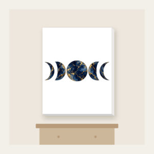 Gold-Veined Navy Marble with Moon Phases Canvas Print in white: A marbled navy field with gold veining and a row of five moon phases in the center.