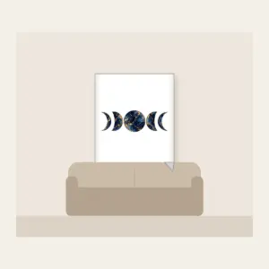 Gold-Veined Navy Marble with Moon Phases Fleece Blanket in white: A marbled navy field with gold veining and a row of five moon phases in the center.
